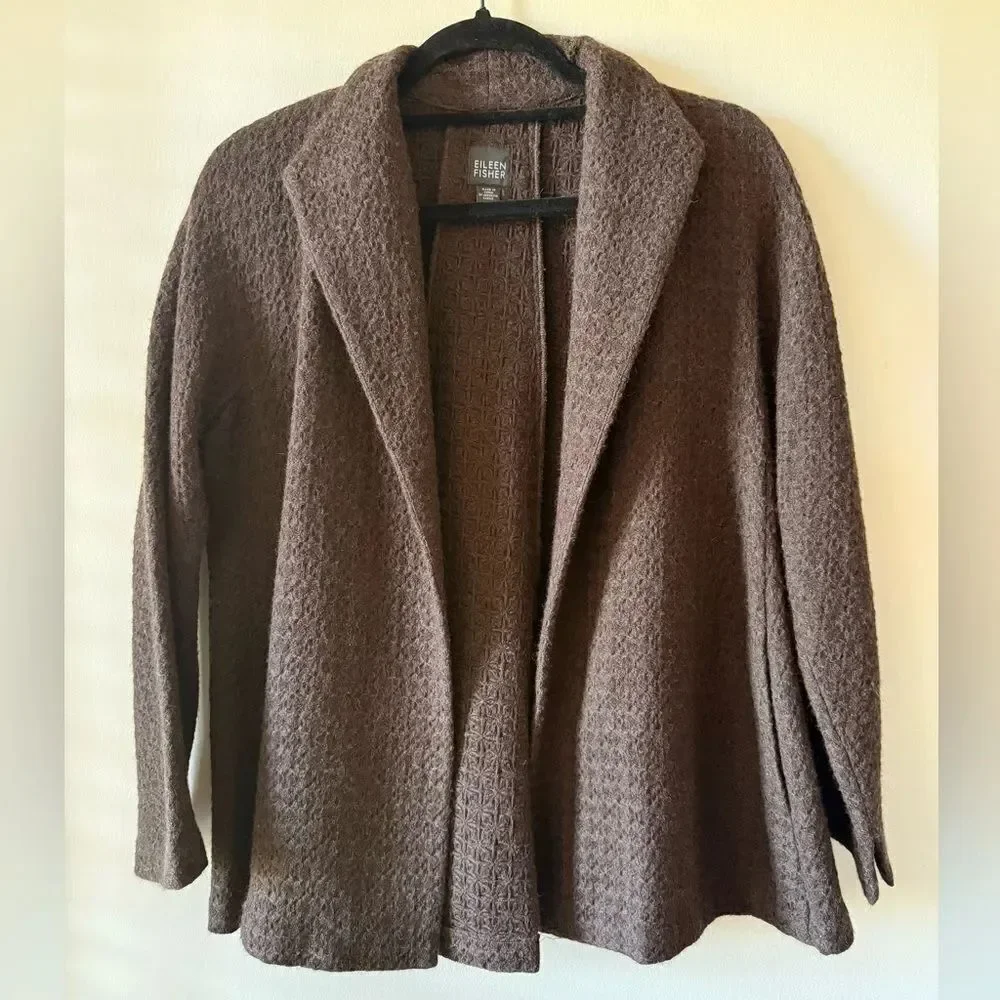 Eileen Fisher 100% Wool Open Front Chocolate Brown Cardigan Size Small